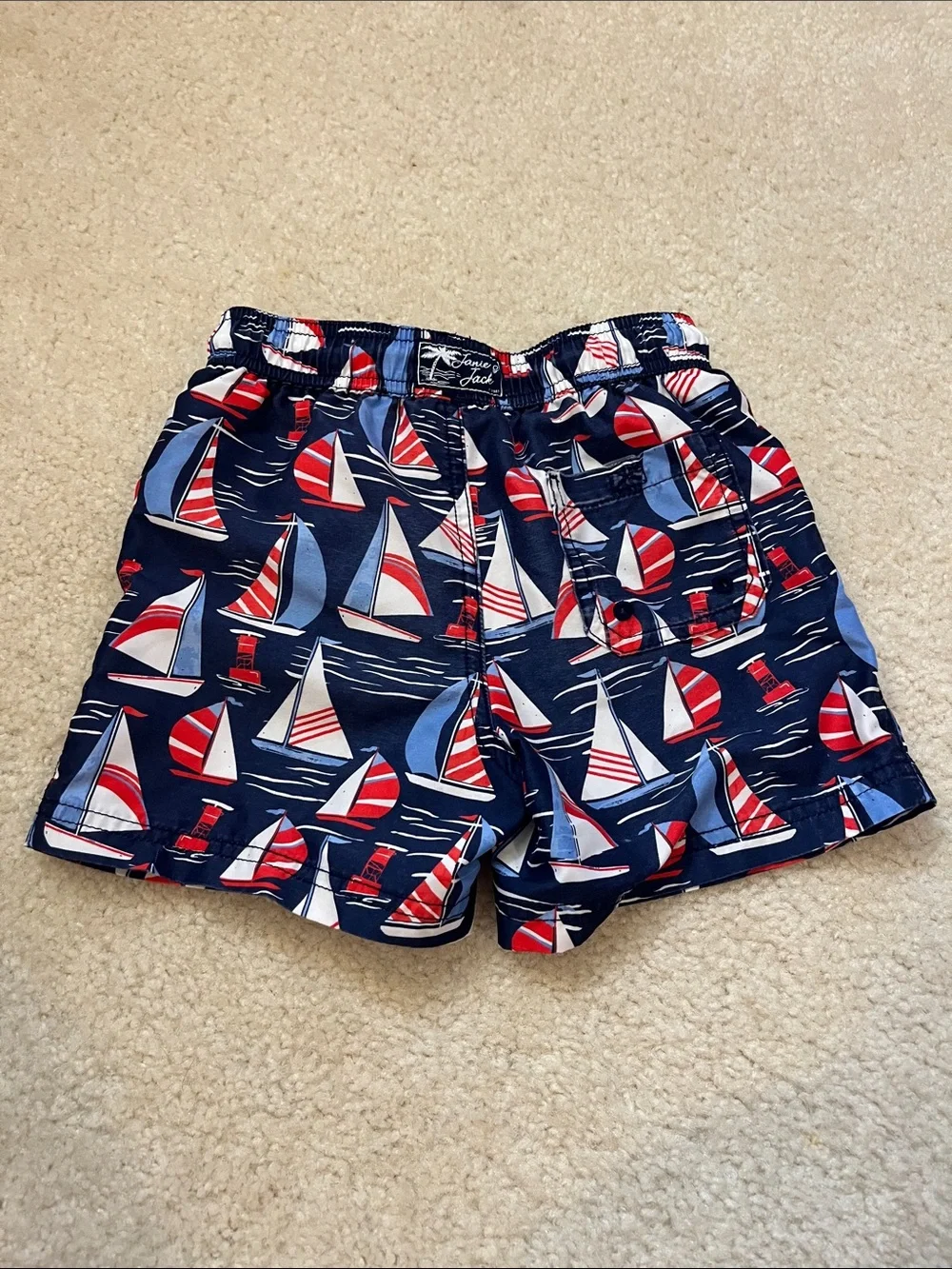Janie and Jack Navy Swim Shorts with Red & Light Blue Sailboat Print